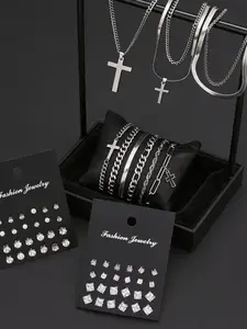 59pcs Men's Jewelry Set, Cross Zircon Earrings, Necklace, Bracelet, Casual Stainless Steel, All Seasons, Gift for Boyfriend, Dad