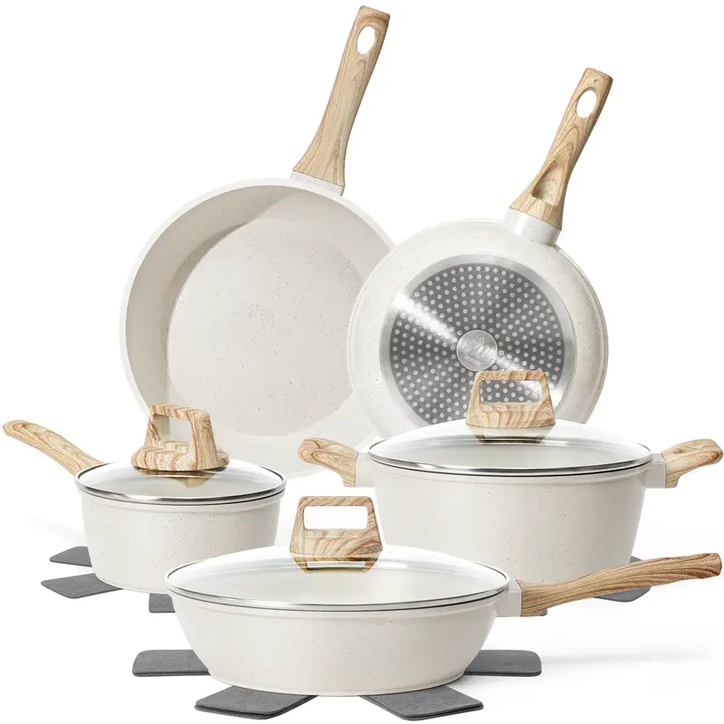 SODAY 12Pcs White Granite Non-Stick Aluminium Cookware Set - Casserole, Frying Pans, Glass Covers, Silicone Tools, Stay-Cool Handles, Non-Toxic (PFOS/PFOA Free), Oil-Efficient, Compatible with All Stovetops, Thermal Kitchen Supplies，blackfriday,familyfun