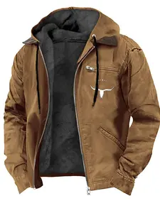 Autumn and winter new men's jacket, men's coat with hood, fleece, bull head print jacket, solid color, warm men's casual jacket