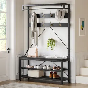 Hallway 40 x 16 x 72" Hall Tree with Shoe Storage, Industrial Coat Rack Shoe Bench with Storage Shelf – Rustic Entryway Hall Tree with 8 Hooks and Hanging Bar, Black/Grey/Brown