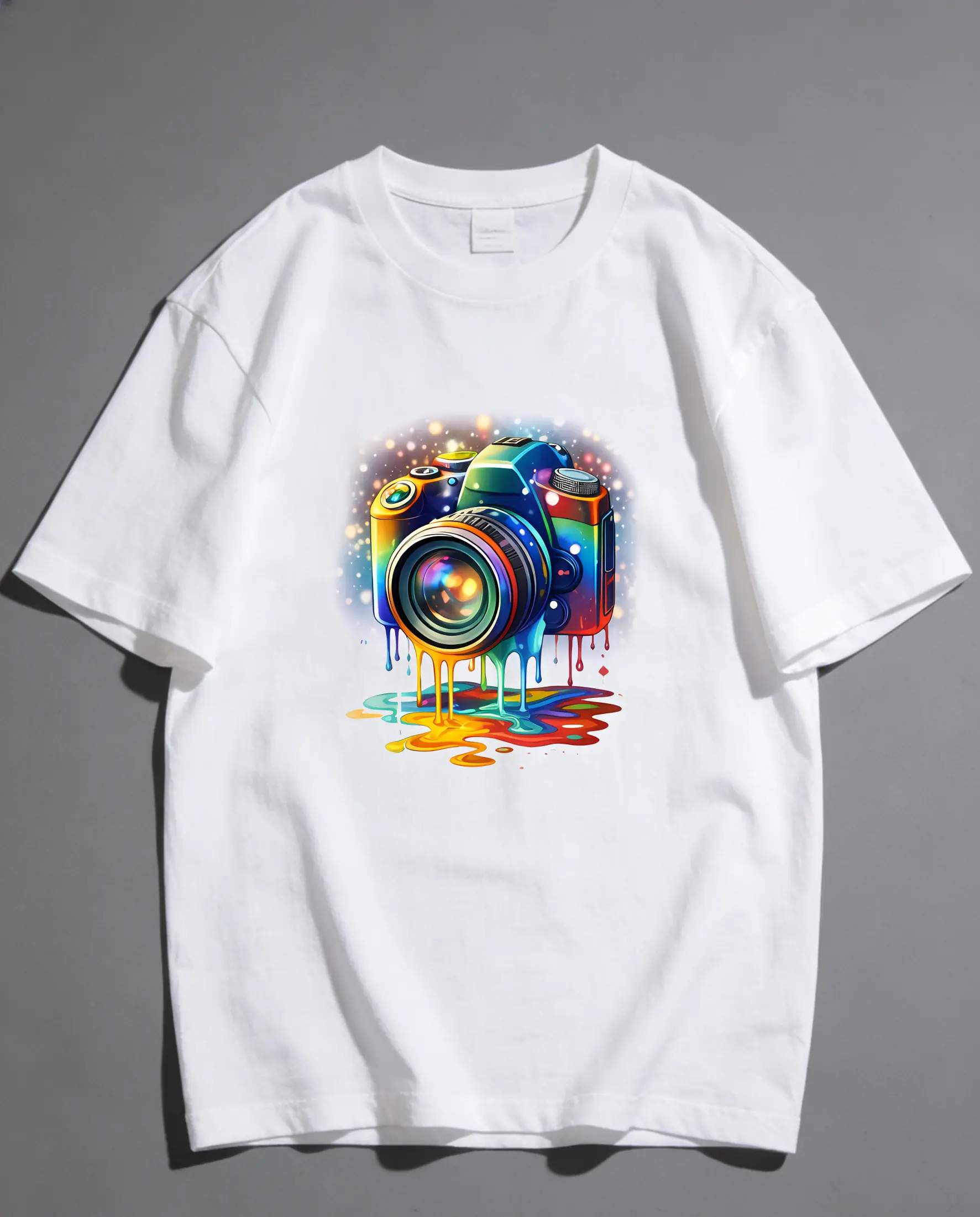 Trendy Colorful Fluid Camera Graphic T-Shirt, Retro Streetwear Style, Unisex Casual Top, Original, Cotton, Oversized, Shortsleeve