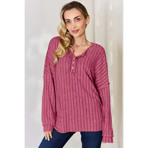 Basic Bae Ribbed Half Button Long Sleeve T for Style