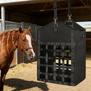 Horse Hay Bag Dual-Sided Slow Feeder, Suitable for Goats Sheep Donkeys, Large Top Opening with Velcro Seal, Adjustable Strap Easy to Hang