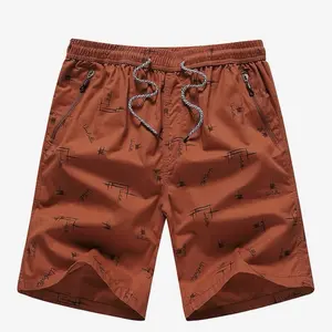 Men's Brown Drawstring Shorts with Zipper Pockets and Abstract Print