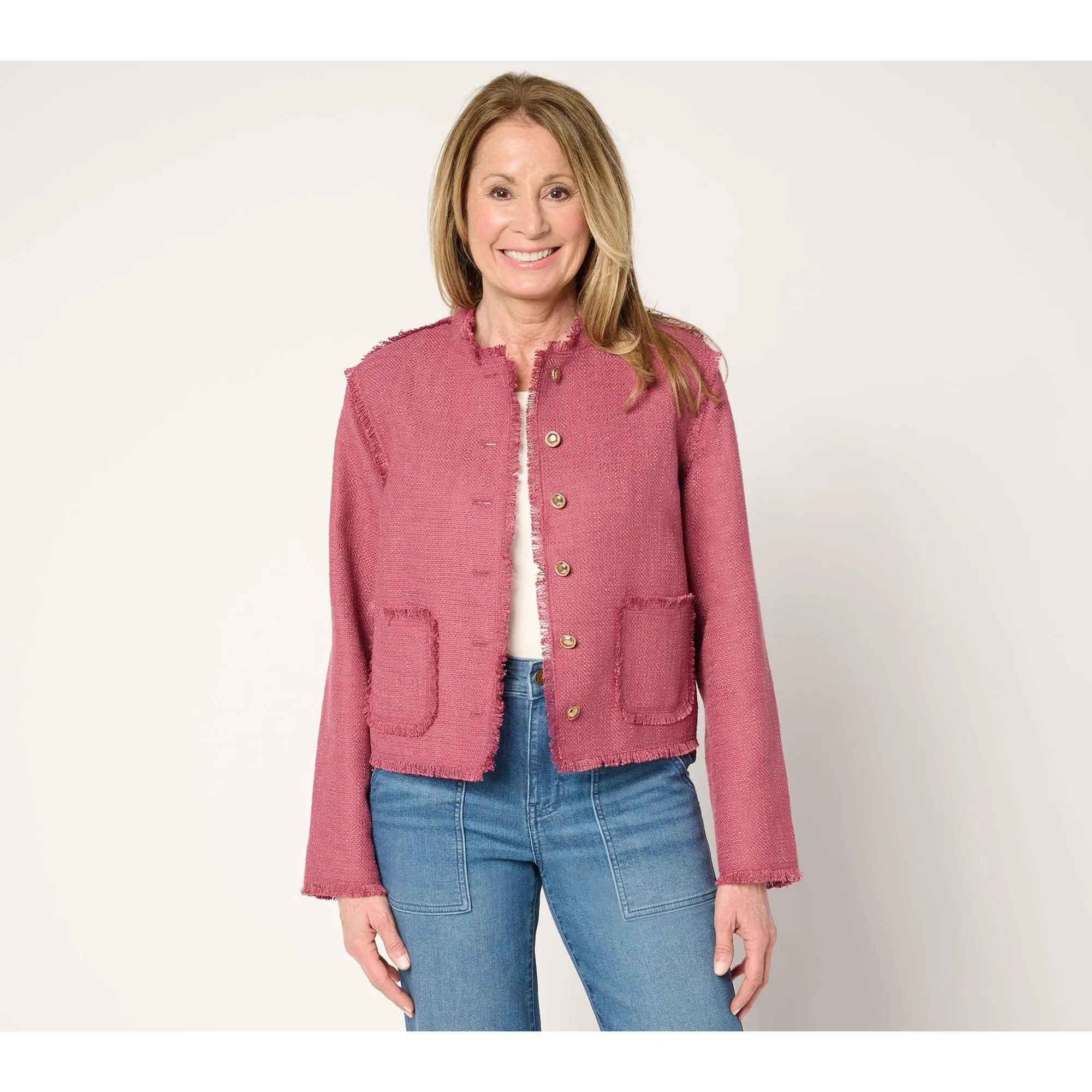 LOGO by Lori Goldstein Button Front Jacket with Fray Detail