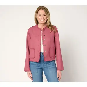 LOGO by Lori Goldstein Button Front Jacket with Fray Detail