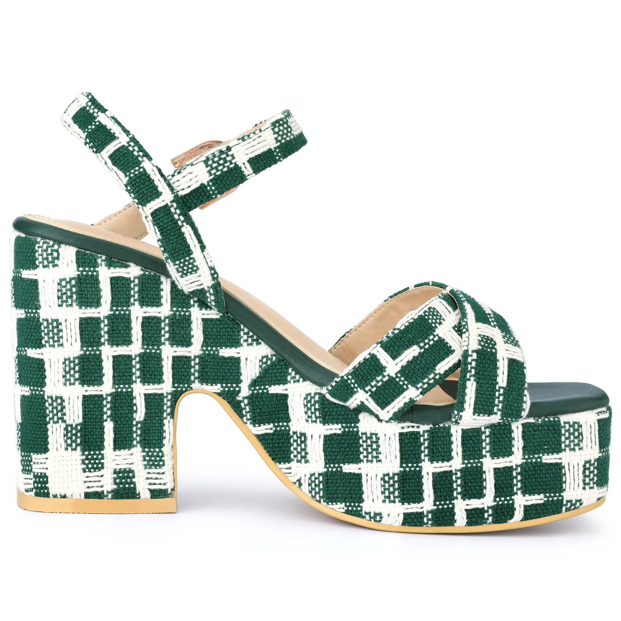 BLISSFUL STEP Women's Cloth Checkered Pattern Platform Heels Chunky Heel Sandals