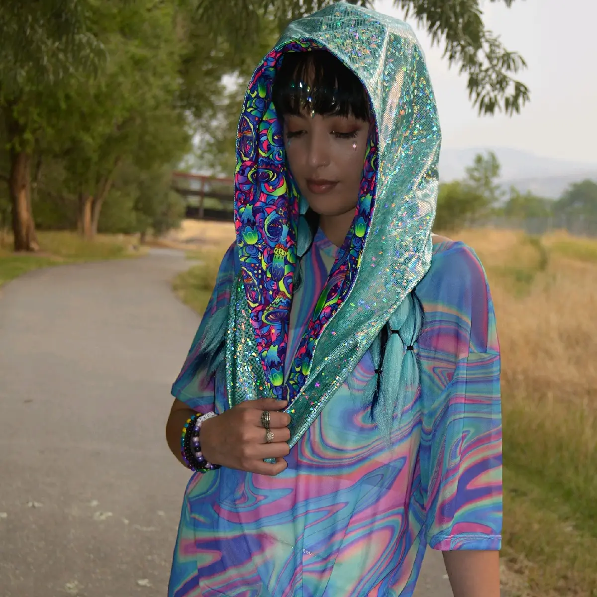 •SHIMMERING MUSHIES• UV Reactive Reversible Infinity Rave Hood, EDM clothing, rave accessories, festival hood, rave wear, unisex hood
