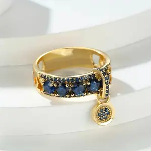 HENSY Vintage Blue CZ Ring – Gold-Tone with Buckle & Charm – Wide Band Stackable – Y2K Retro Statement Jewelry – Sizes 5-12