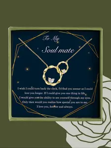 Women's Hollow Out O-shaped Double Ring Design Pendant Necklace, Exquisite Trendy Artificial Zircon Decor Pendant Necklace, Chic Jewelry As Gift for Girlfriend, with Blessing Card & Box
