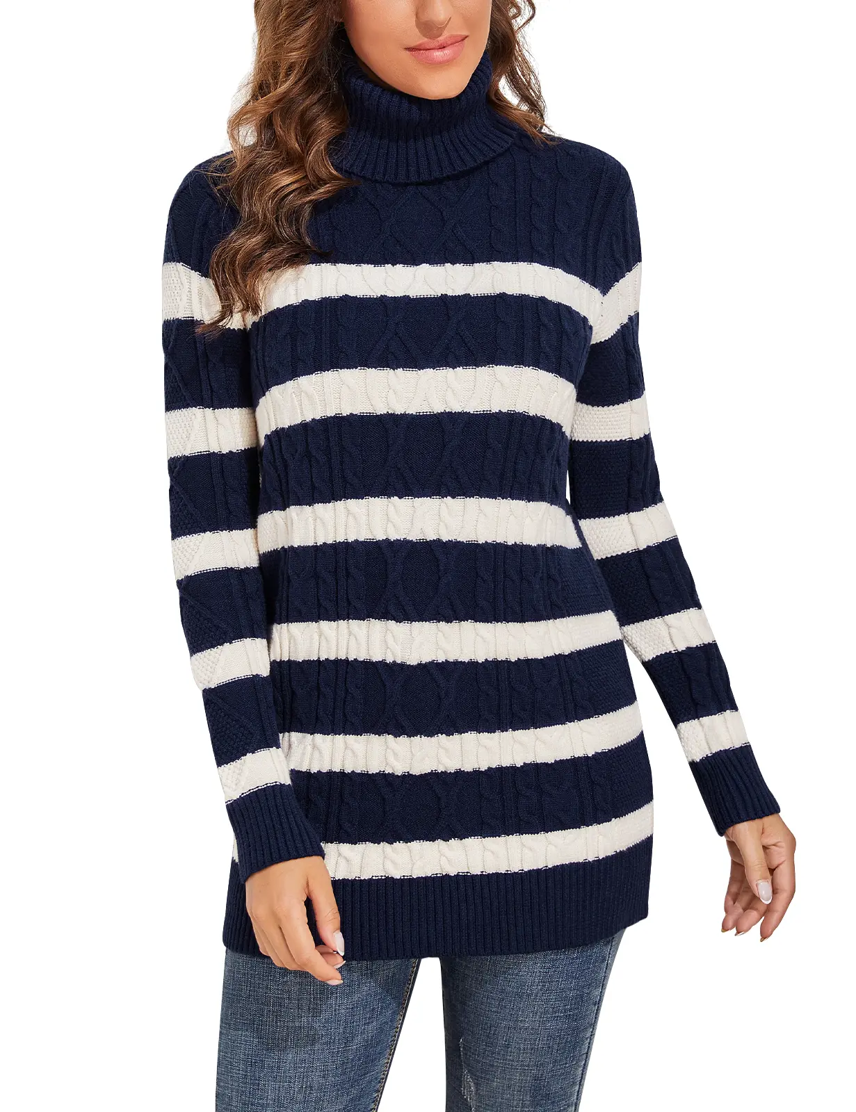 PrettyGuide Women's High Neck Long Knitwear Tunic Top - Cozy Cable-Knit, Plus Size, Stylish, Twist Detail, Flattering Fit