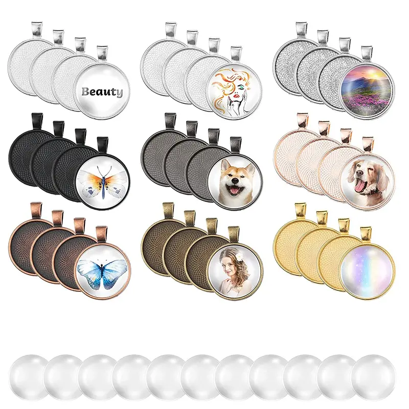 72-Piece Round Sublimation Pendant Trays Set for Craft Room - 36 25mm Trays (9 Colors), 36 Transparent Glass Cabochons for DIY Jewelry Crafts, Customized Gifts for Family Members