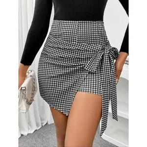 Women's plaid printed tie front patch skirt shorts set, autumn and winter casual, women's fashionable clothing, comfortable and fashionableRAIMENTRY