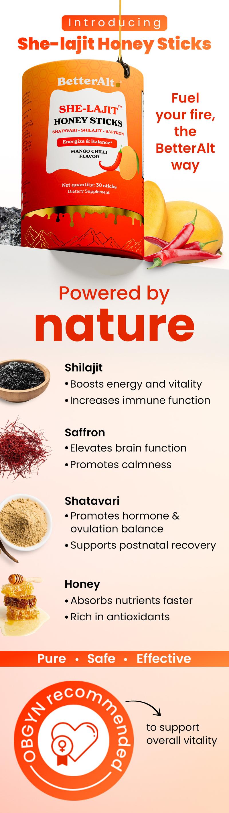 BetterAlt Halloween Bundle Sticks | SHE-Lajit Mango Chilli & Choco Honey Sticks | Honey, Shatavari & Saffron | Energy & Hormonal Balance | 30 Sticks each