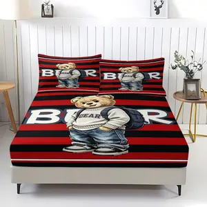 Handsome teddy bear pattern printed bed sheet, including 1 bed sheet and 2 pillowcases, anti slip dust cover suitable for bedrooms and guest rooms, suitable for personal use or gift giving