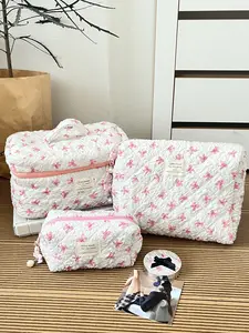 Wrinkled Bowknot Three-Piece Set Pink Niche Floral Makeup Bag Vintage Fresh High-Value Large Capacity Travel Portable Storage Cosmetic Bag Suitable for Women Girls