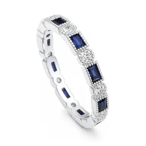 BERRICLE Sterling Silver Art Deco Rings Stackable Eternity Band Ring for Women, Sapphire-Blue Milgrain Bezel Set Cubic Zirconia CZ