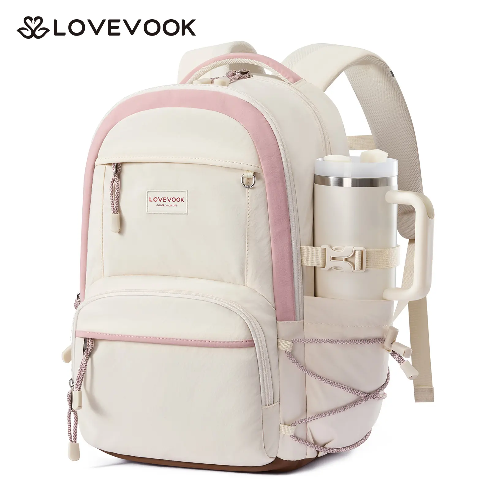 LOVEVOOK School Backpack for Girls, 15.6 Inch laptop Backpacks with Large Capacity Tumbler Holder, Lightweight College bag for women, Cute Travel Teen Bookbag Purse for Students,Off white-Pink