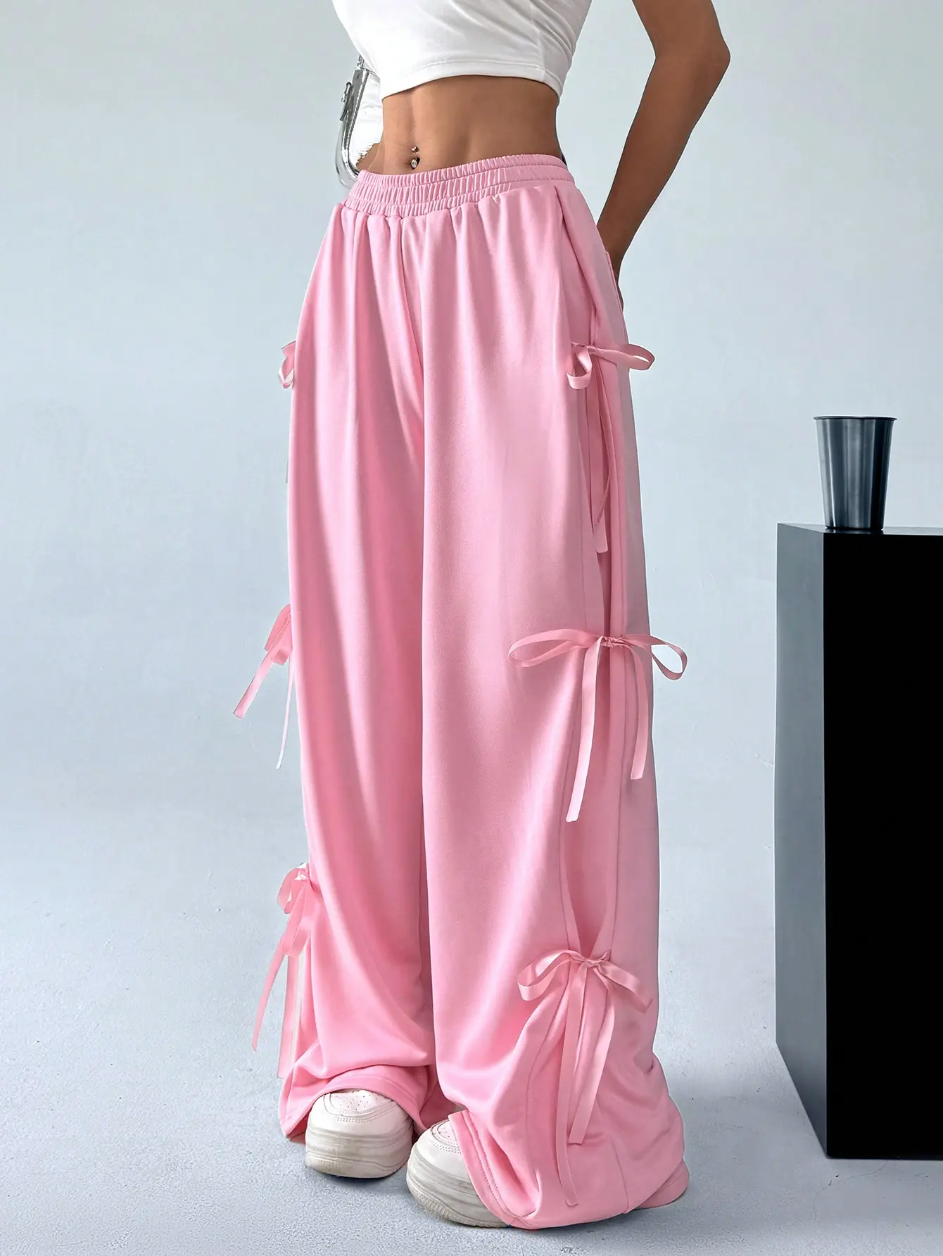 Cute Pink Bowknot Drawstring Lounge Pants, Spring/Summer