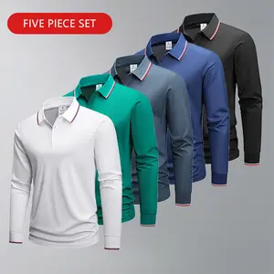 Men's Casual 5-Pack Long-Sleeve Polo Shirt - Trendy Neck Details, Skin-Friendly and Comfortable, Suitable for Business Style and Everyday Wear