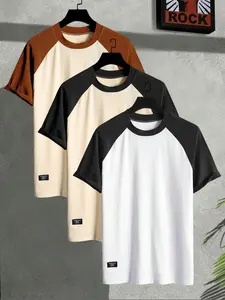 Men's Colorblock Patchwork Short Sleeve Tee, Regular Fit Casual Round Neck T-shirt for Summer, Men's Top for Daily Wear, Casual Basic Tee, Casual Stylish Tee, Casual Fashion Clothing, Tropical