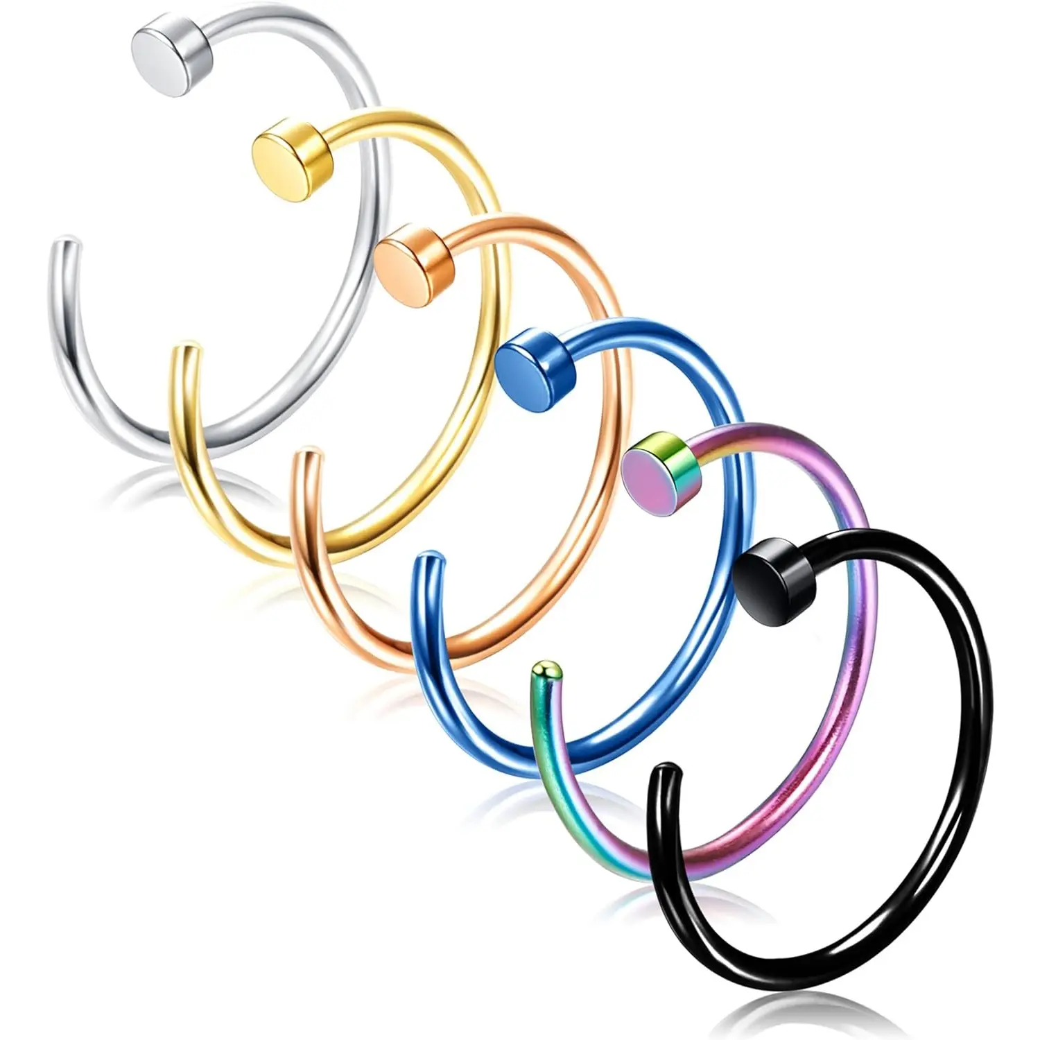 Milacolato Unisex G23 Titanium Nose Piercing Jewelry - 18G/20G C-Shaped Fake Nose Rings with Rounded Ends, Hypoallergenic 6-9 Count Discs for Lip/Nostril, 8/10/12mm Multi-Size C-Hook Hoops, Easy To Use Daily Wear