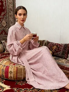 Fashionable Striped Texture Cotton Dress, Muslim Dresses, Muslim Women Gowns, Modest Islamic Clothing, Arabic Muslim Conservative Clothing Abaya Long Skirt, Casual Style, All Seasons, Modest Muslim Outfits, Arabian Dress, Modest Summer Outfit