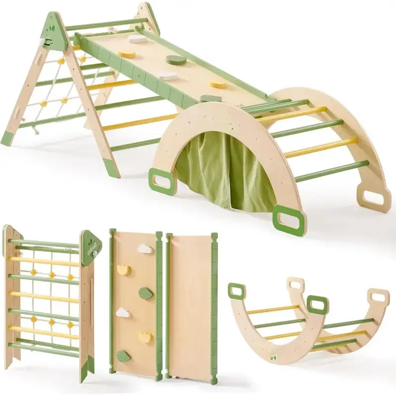 Unisex 7-in-1 Foldable Natural Wood Triangle Climbing Toy Set, Montessori Playgym with Rope Net & Tunnel, Indoor Baby Play Equipment, Safe for Children, Foldable for Easy Storage, Boosts Creativity & Physical Activity