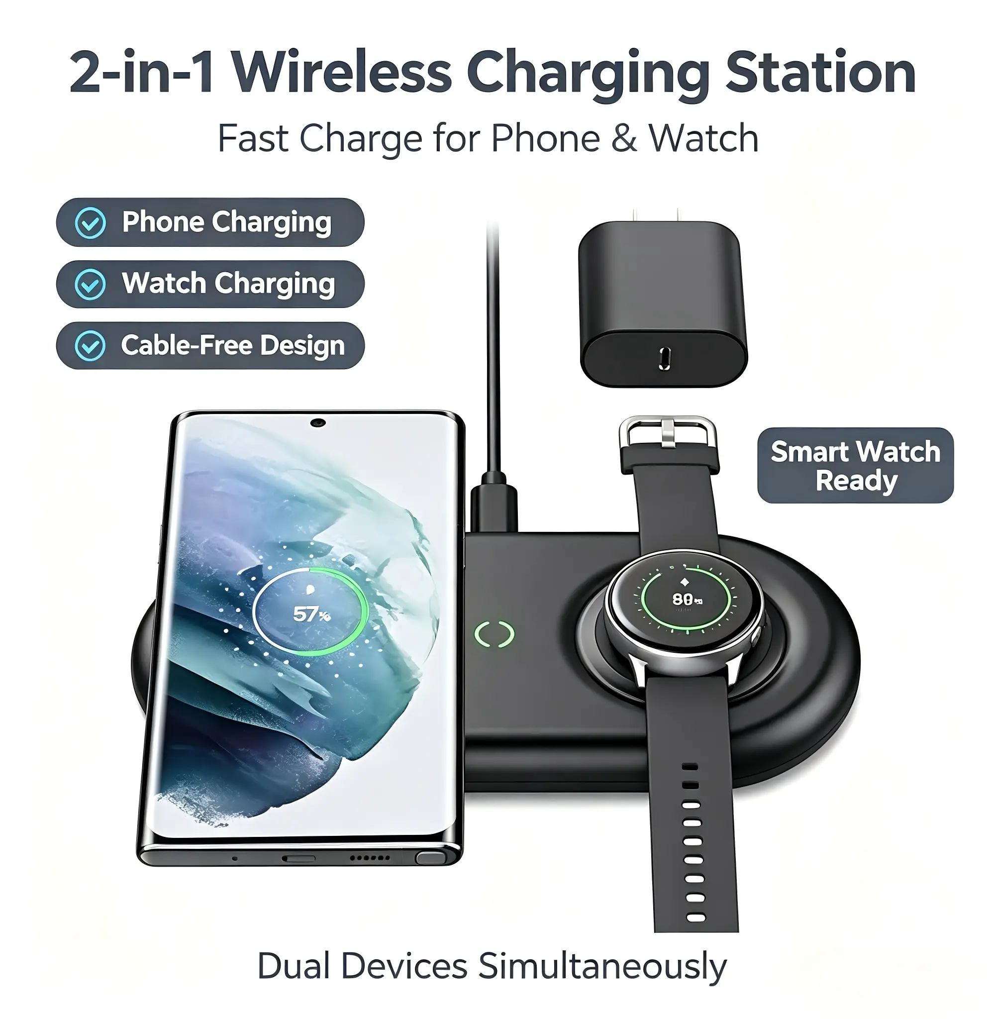 2-in-1 Wireless Charging Station Fast Charge for Phone & Watch Cable-Free Design Smart Watch Ready Dual Devices Simultaneously