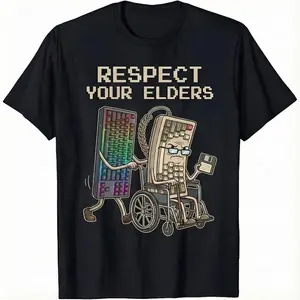 Mechanical Keyboard Heritage T-Shirt: Cool "Respect Your Elders" design where a sleek RGB mechanical keyboard pushes its grumpy vintage ancestor in a wheelchair. Ideal funny gift for keyboard enthusiasts, IT guys, and retro computer lovers.