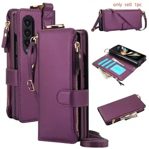 Zipper Crossbody Wallet Cards Leather Case For Samsung Galaxy Z Fold 7 Fold 6 fold5 4 3 Ring Holder Lanyard Shockproof Cover