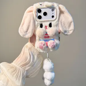 2-Style Long-Eared Bunny Plush Case for iPhone14/15 | 3D Bunny Ear Shape + Pom-Pom Charm + Paw + Full Soft Shell | Warm & Shockproof | Autumn & Winter Outing/Date Sweet Girl Cute Style Fluffy