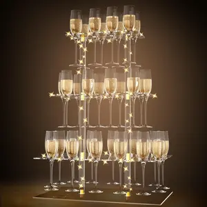3 Tier 32 Slots Clear Acrylic Champagne Display Holder Stand, LED Lighted Cocktail Tree Wine Glass Stemware Display Rack Champagne Flute Holder for Party Drinks Display