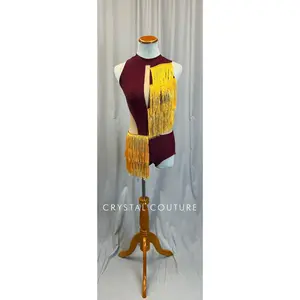 *Brand New* Custom Burgundy Leotard with Mesh Cutouts and Yellow Fringe