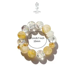 Natural Golden Rutilated Quartz 17mm Bracelet citrine beads clear quartz Yellow Phantom Rose Quartz Column Natural Crystal Handmade Gift
