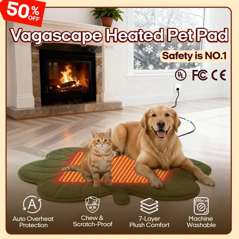 Vagascape Heated Pet Pad for Dogs & Cats - 7-Layer Safety Design, UL/FCC/CE Certified, Auto Overheat Protection, Chew-Resistant Cord, Waterproof, Machine Washable, Plush Cover, Warmth Lock, Flame-Retardant Fabric, Multi-Size, Crate Use, Consistent Warmth,