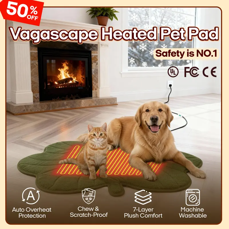 Vagascape Heated Pet Pad for Dogs & Cats - 7-Layer Safety Design, UL/FCC/CE Certified, Auto Overheat Protection, Chew-Resistant Cord, Waterproof, Machine Washable, Plush Cover, Warmth Lock, Flame-Retardant Fabric, Multi-Size, Crate Use, Consistent Warmth,