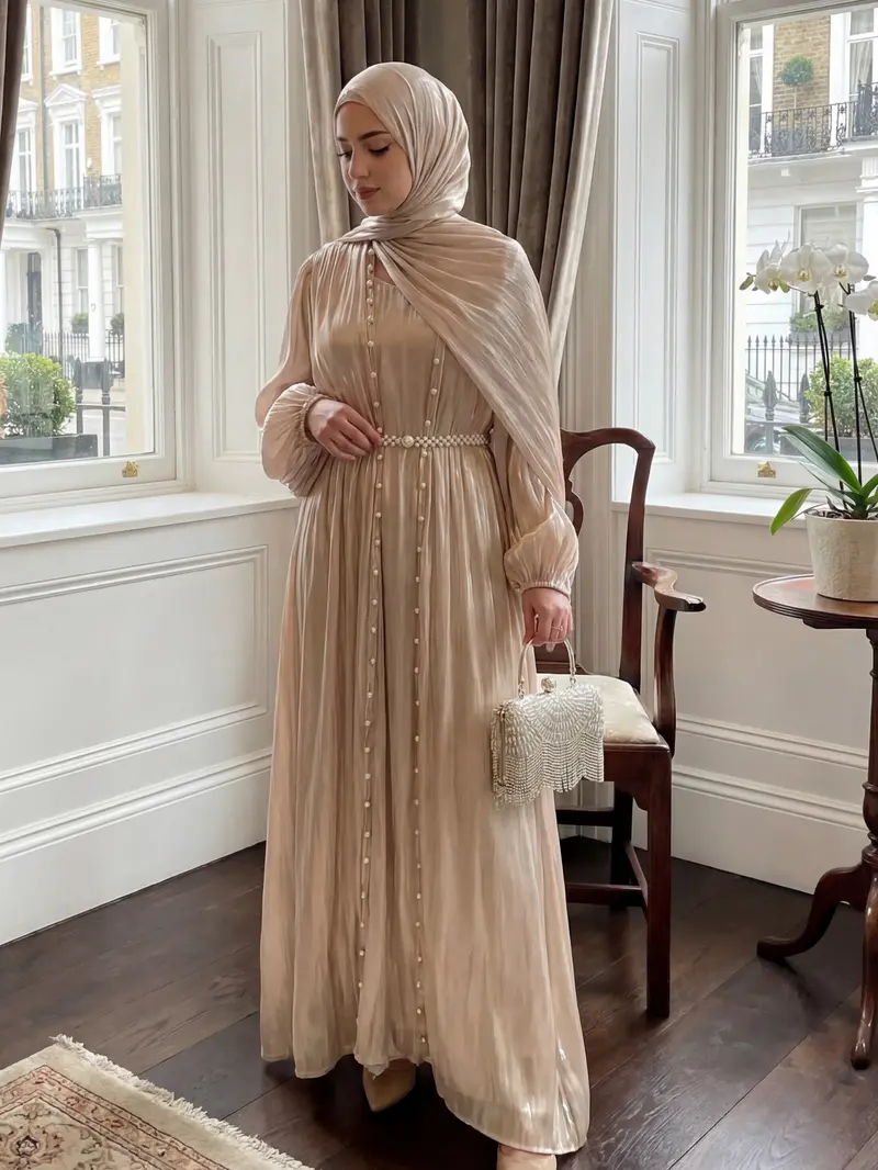 elegant muslim dress Modest Muslim Women's Glamor Mesh Overlay Formal Dress with Embellishe main image 0