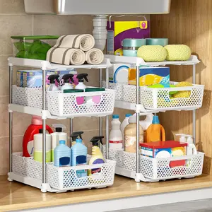 2Pcs 3 Tier Bathroom Organizers and Storage, UPGRADE WIDER BOLDER, Pull Out Under Sink Organizer with Dividers, Kitchen Pantry Organizers and Storage, Bathroom Storage Cabinet - White