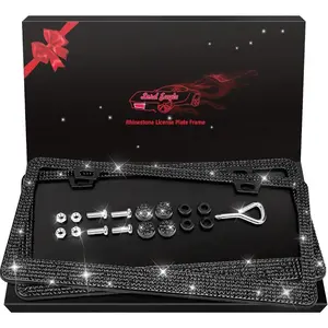License Plate Frames 2 Pack-Stainless Steel Black Rhinestones Car Accessories with 1200 Crystals, Universal Fit Decorative Diamond Plate Covers For All Cars