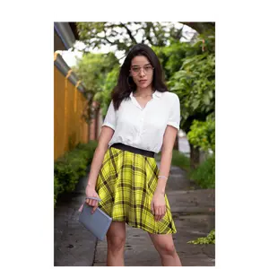 Yellow Plaid Skater Skirt, Checkered High Waisted A-Line Mini Skirt, Women's Fashion Apparel, Retro Style Clothing, Vintage Inspired Outfit