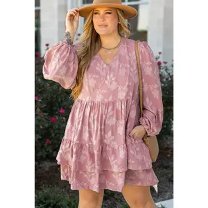 Peach Blossom Floral Surplice V Neck Tiered Ruffled Plus Size Dress
