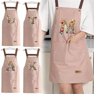Letter Pattern Floral Print Apron, 1 Count Adjustable Waterproof Strap Apron with 2 Pockets, Household Items Professional Apron for Cooking, Gardening, Painting, Baking, Flower