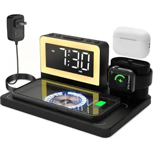 Wireless Charging Station with Alarm Clock and 6 in 1 Bedside 7 Color Night Light for Magsafe for iPhone for Apple Watch for Airpod,Magnetic Cell Phone Charger Docking Stand for Apple Devices (Black)