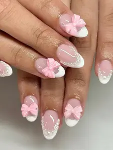 24Pcs Short Oval Press-On Nails | Pink Bow & Pearl White French Acrylic Nails