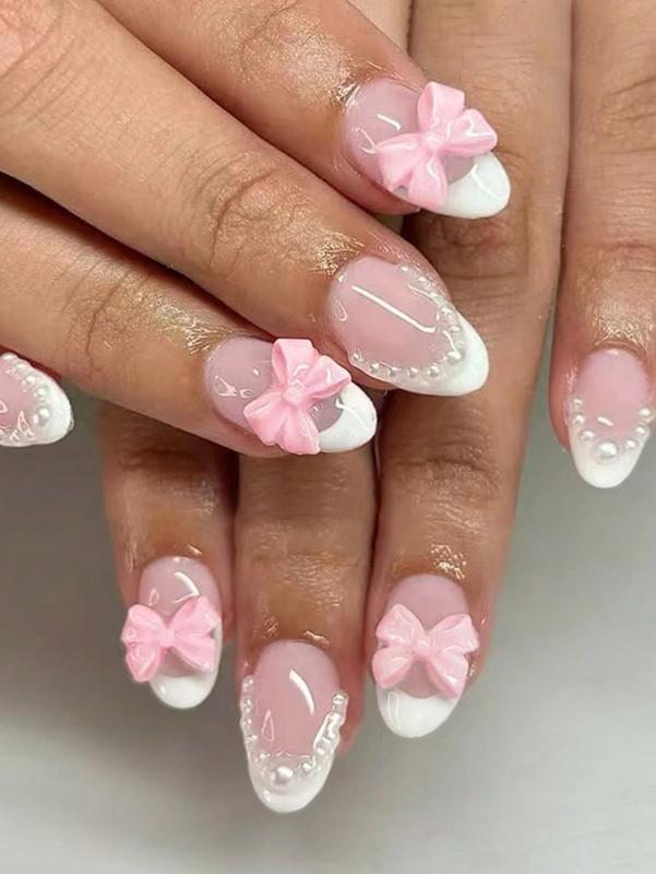 24Pcs Short Oval Press-On Nails | Pink Bow & Pearl White French Acrylic Nails