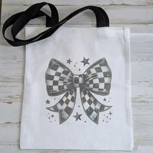 Checkered Bow Design Canvas Tote Bag 13x14in with Black Straps, Personalize with Name on Back, Choose from Fonts and Colors neutral totebag