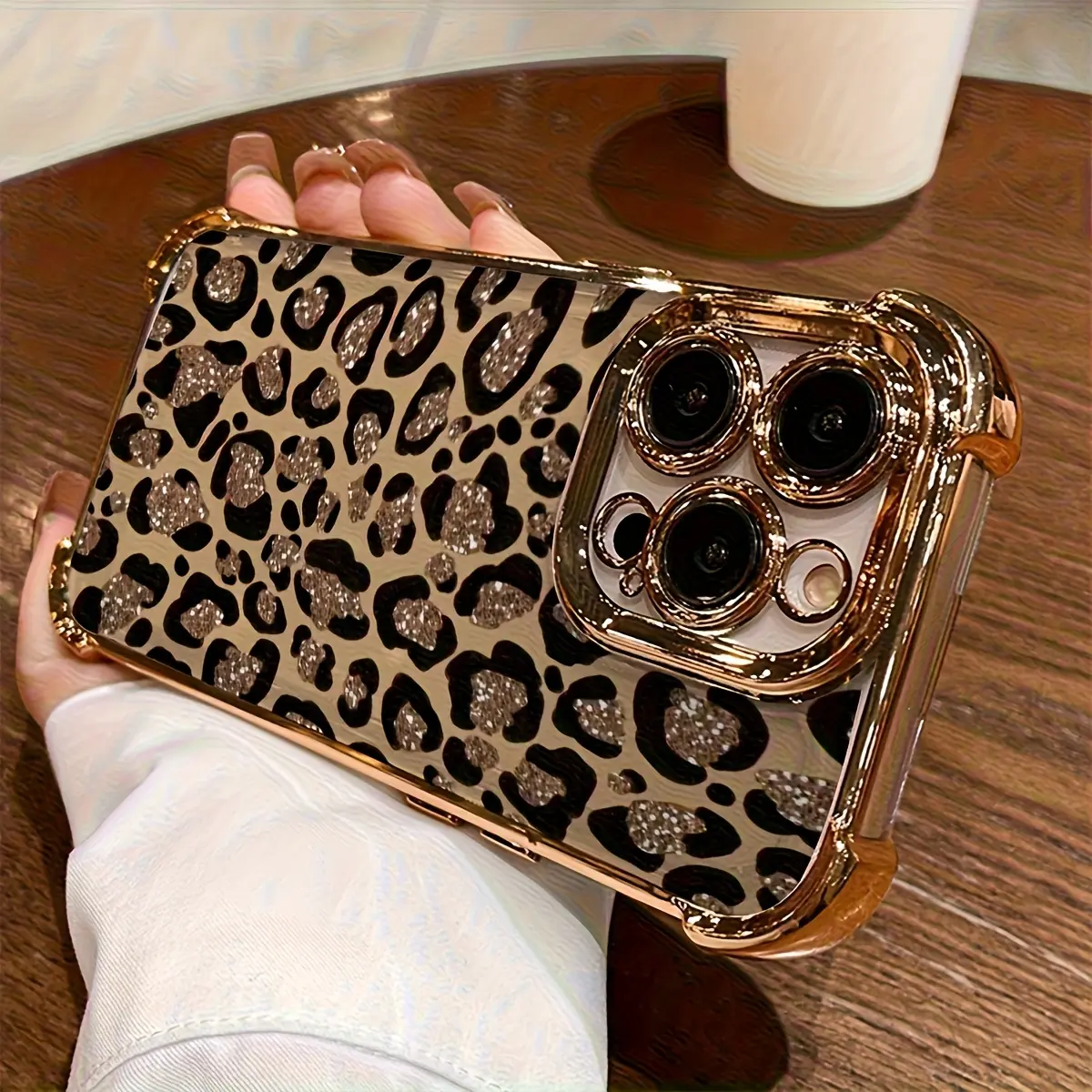 Luxury high-end shiny brown leopard print four-corner anti-shock phone case, suitable for iPhone 17/16/15/14/13/12/11 ProMax/Pro/Plus