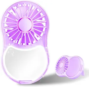 Portable Handheld Fan, Mini Lash Fan, LED Light & Makeup Mirror, 2000mAh Battery, USB TYPE-C Rechargeable, 3 Speed, Ideal for Travel, Home, Office, Gift for Women, Purple