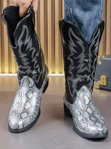 Men's High-Top Boots New Arrival PU Embroidered Fashion Western Cowboy Boots, Stylish Men's Shoes for Casual Wear